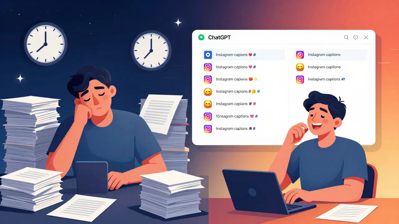 Split scene of stressed writer vs. relaxed person using AI to create social media content.