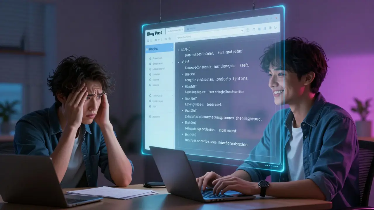 Split-screen showing writer overcoming blank page with AI-generated content outline