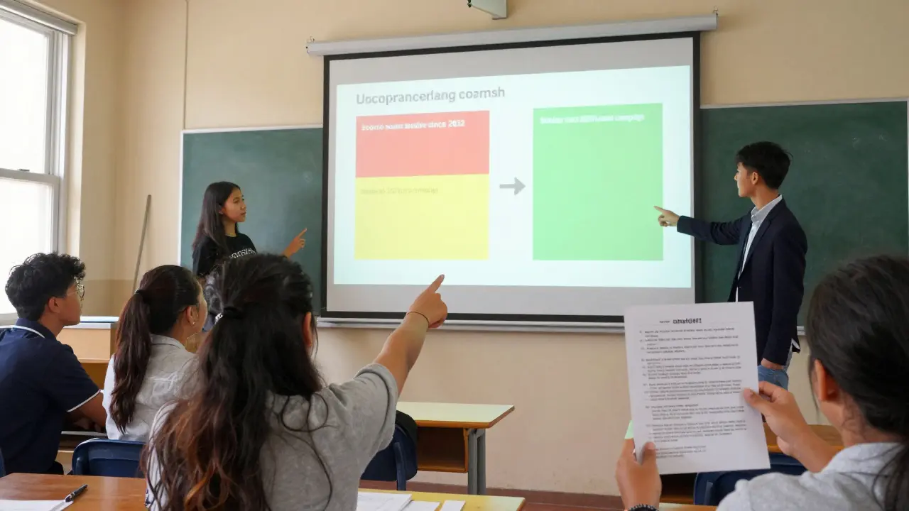 Students in a classroom examining a propaganda risk score displayed on a projector screen.