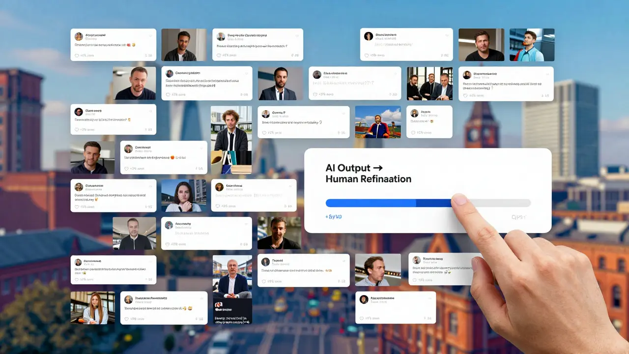Wall of 50 AI-generated social posts with analytics, hand adjusting refinement slider.