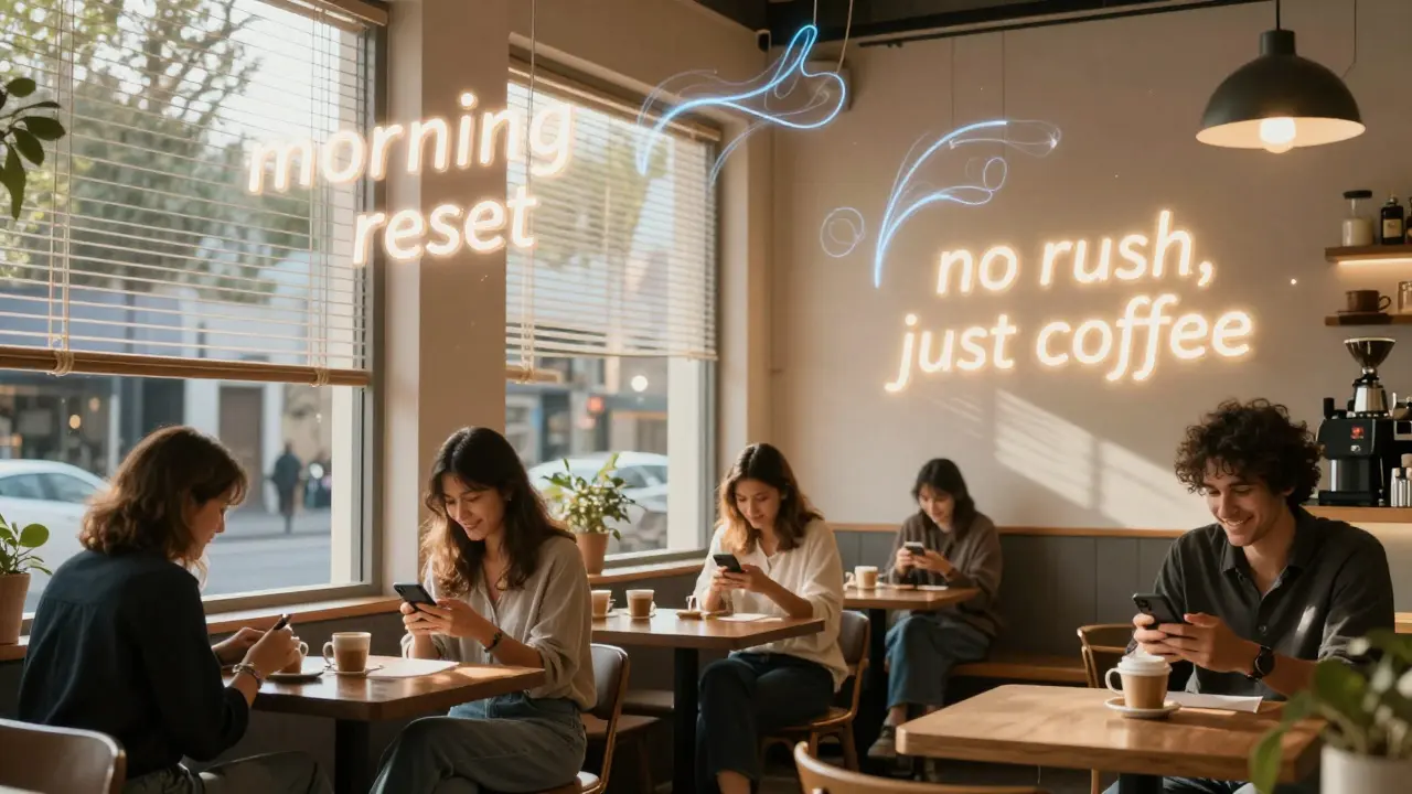 A cozy Melbourne coffee shop with floating AI-generated ad phrases glowing in the morning light.