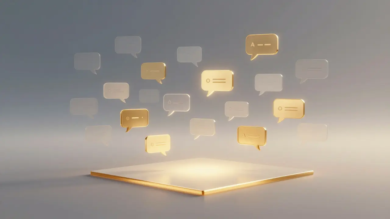 A digital sea of comment bubbles, some golden (AI) and others plain (human), connected by a glowing thread symbolizing enhanced engagement.