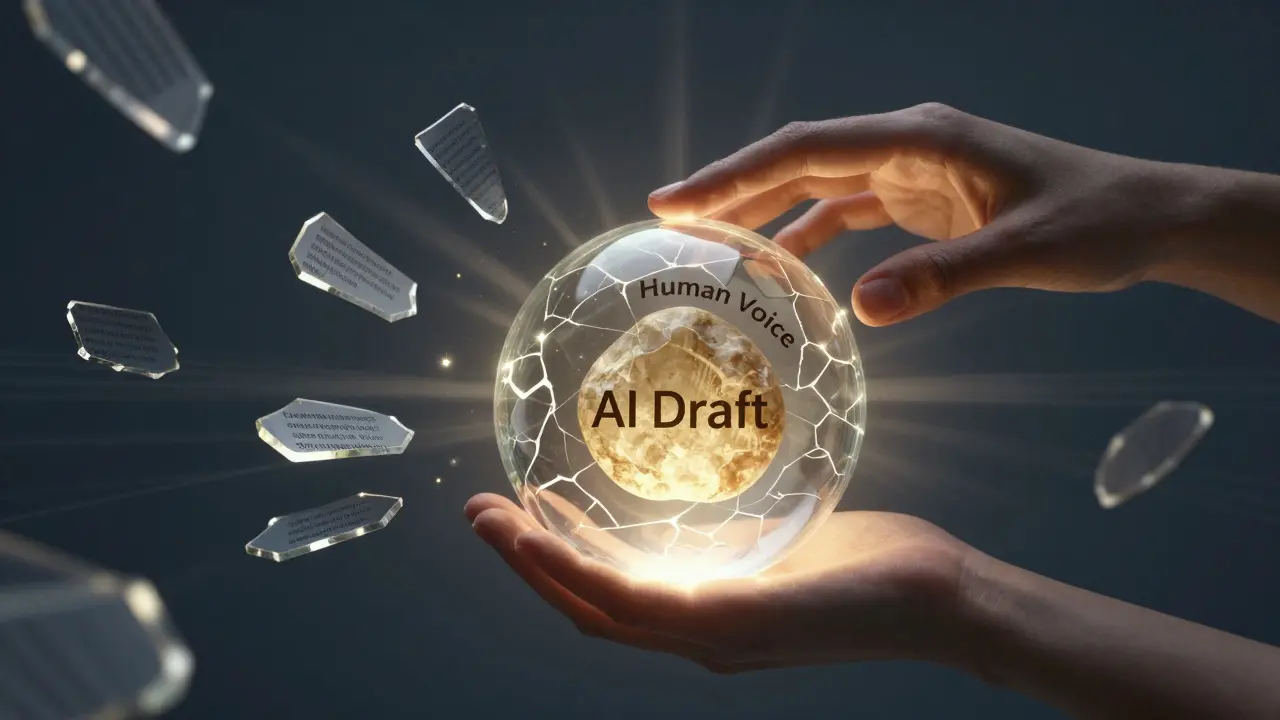 A human hand placing a 'Human Voice' stone into a fractured AI draft orb.