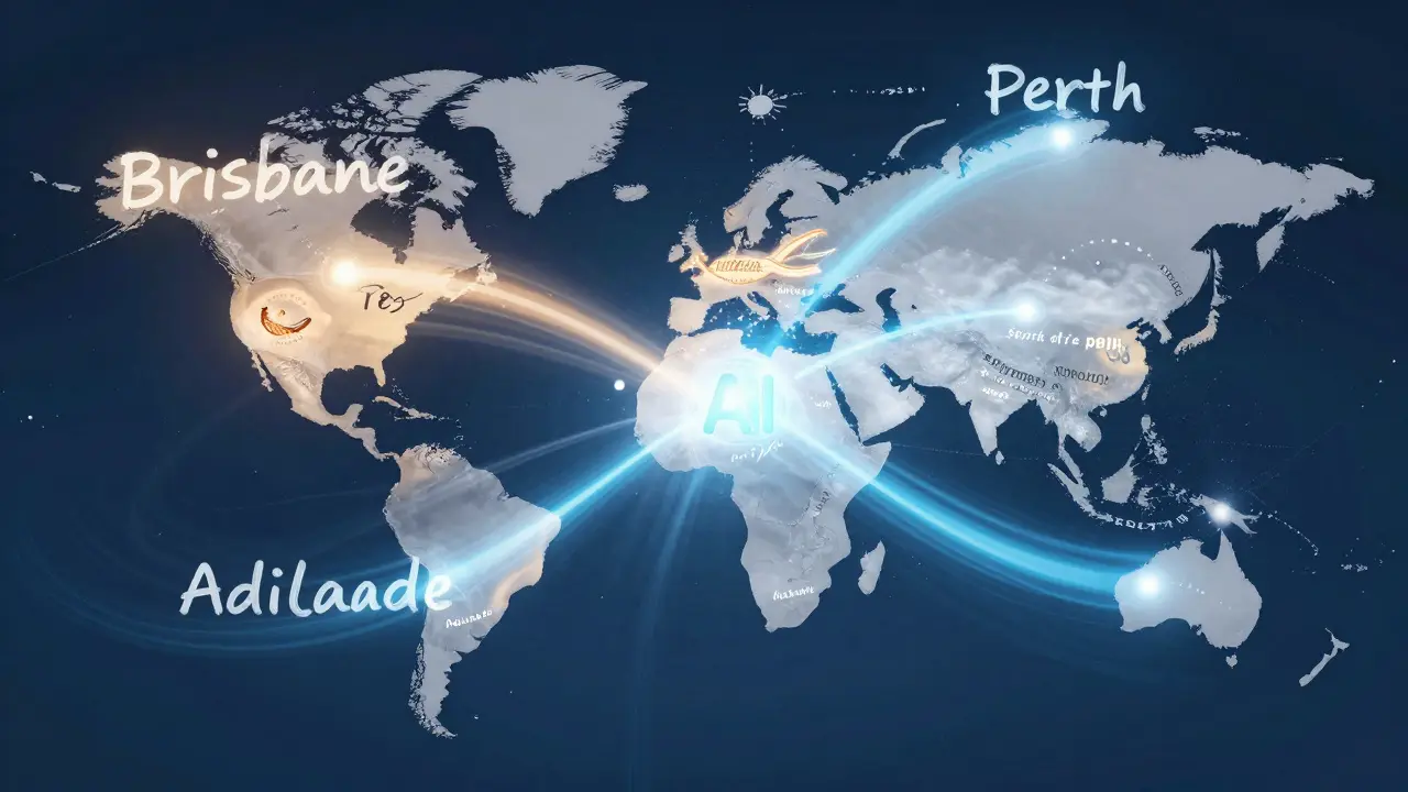 A network of Australian cities connected by flowing, personalized ad copy shaped by data and context.