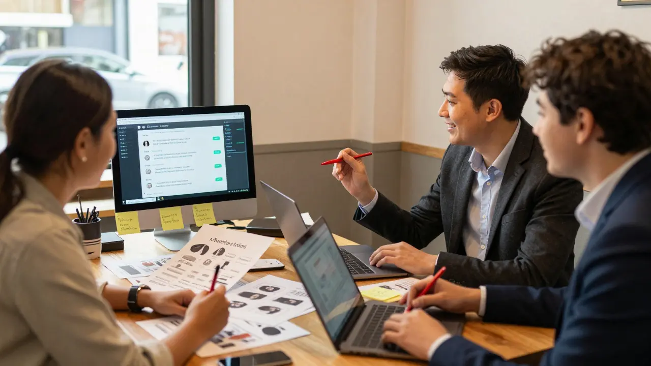 A small team reviewing AI-generated ad drafts together, with laptops and sticky notes on a table.