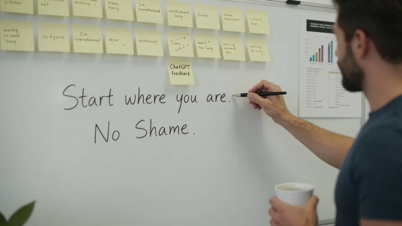 A team uses customer feedback notes and ChatGPT insights to rewrite a marketing message, with handwritten copy on a whiteboard.