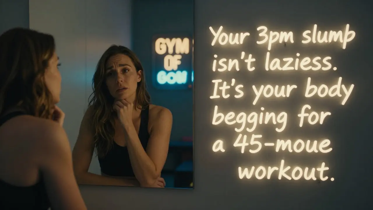 A tired woman looking in a mirror as a powerful ad headline glows above her, hinting at a fitness transformation.