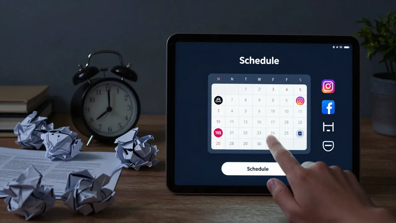 Before-and-after scene: chaotic desk versus organized social media calendar with digital posting icons.