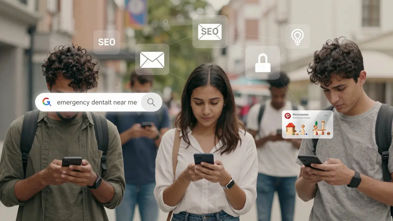 Customers engaging with digital marketing across Google, TikTok, and Pinterest on smartphones