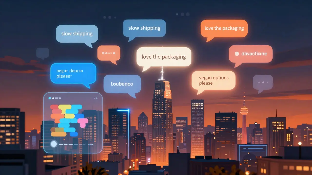 Floating social media comments being analyzed by an AI interface above a city skyline.