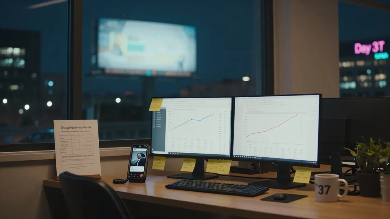 Small business owner monitoring analytics while creating content, fading billboard in background