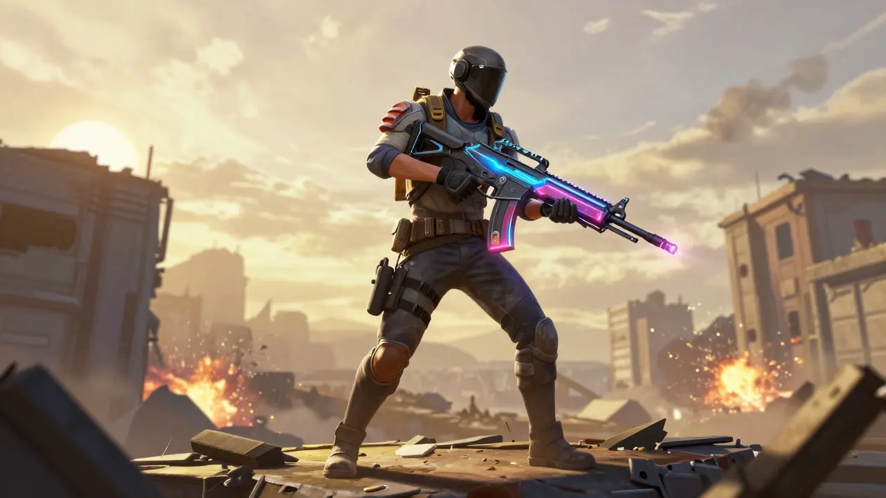 A player holds a branded weapon with glowing details in a battle royale setting, symbolizing in-game achievement.