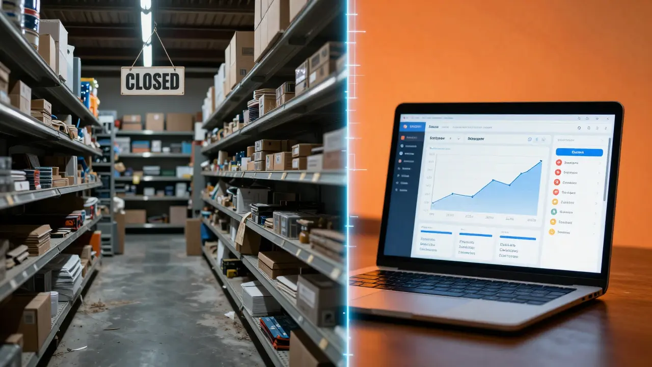 A shuttered hardware store on the left, contrasted with a thriving online sales dashboard on the right.