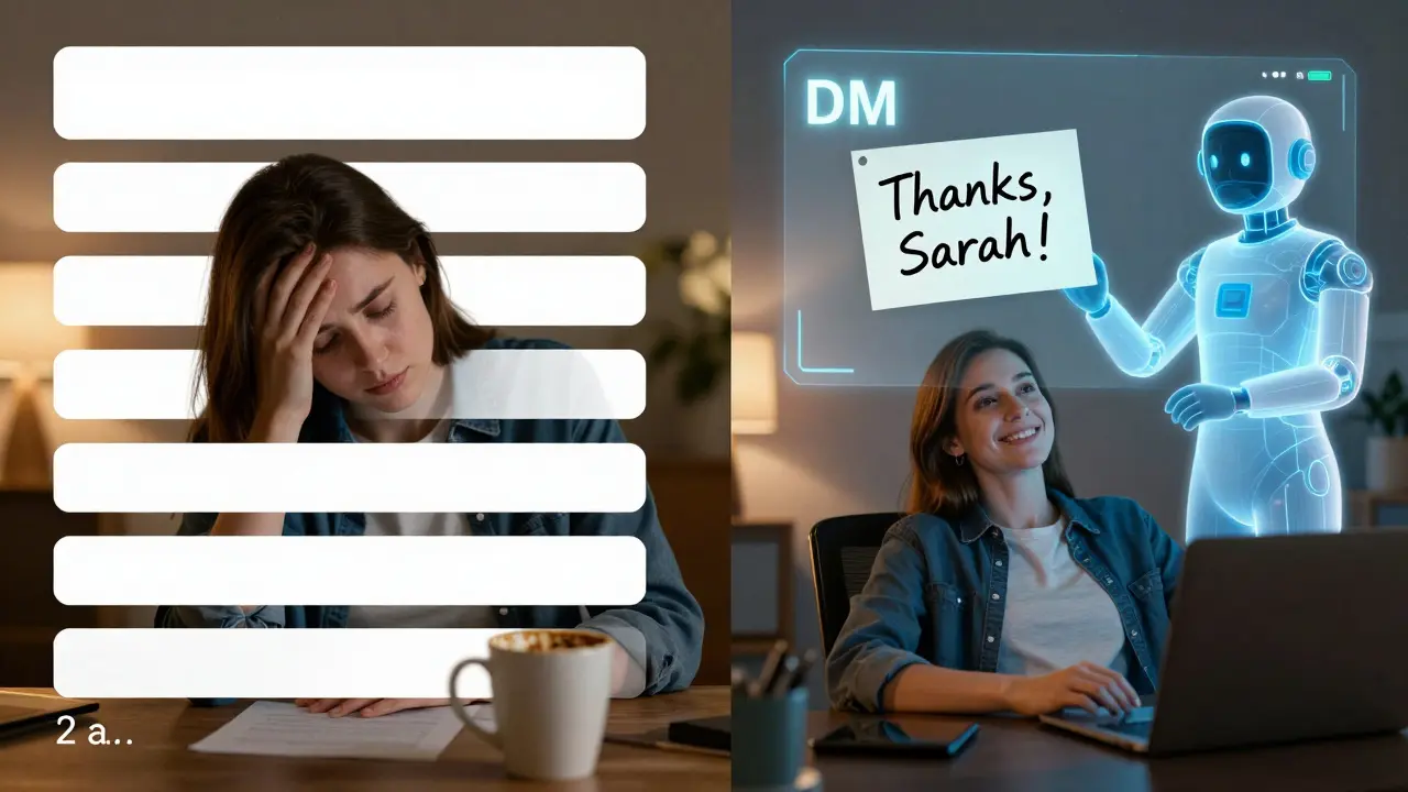 A tired marketer at night versus a relaxed one receiving an AI-generated DM with a personal handwritten note.