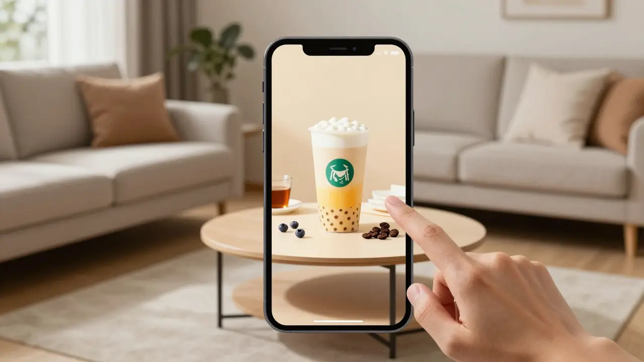 An AR overlay on a smartphone showing a branded coffee table transforming into an interactive ad.