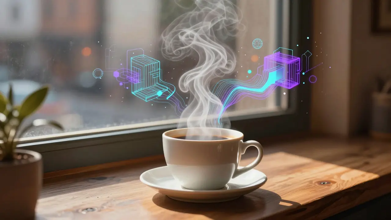 Artistic blend of steaming coffee cup transforming into digital pixel nodes