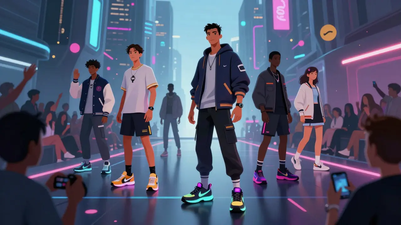 Avatars on a digital runway wearing branded sneakers in a futuristic city with glowing logos.