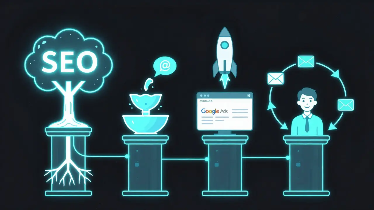 Four glowing digital marketing pillars — SEO, content, social media, and PPC — interconnected in a minimalist neon-lit design.