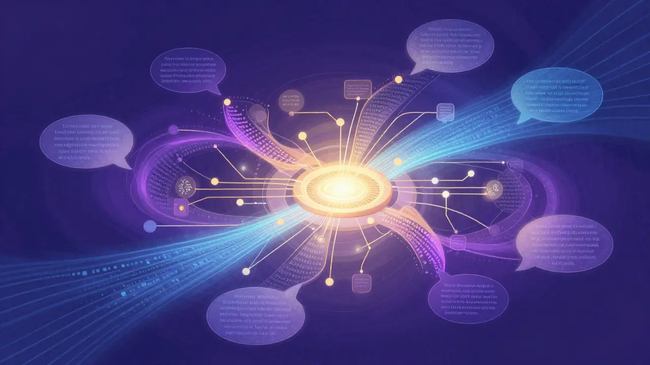 Neural network visualization showing language processing and pattern recognition systems