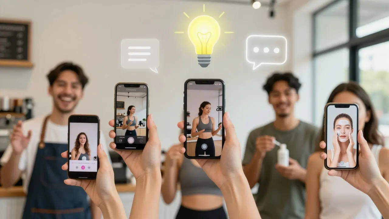 Real customers engaging with authentic Instagram Reels, while subtle AI symbols hover nearby, representing idea generation.