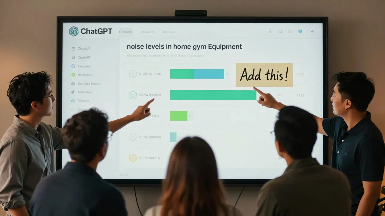 SEO team analyzing competitor content gaps on a digital screen, noting missing noise level information.