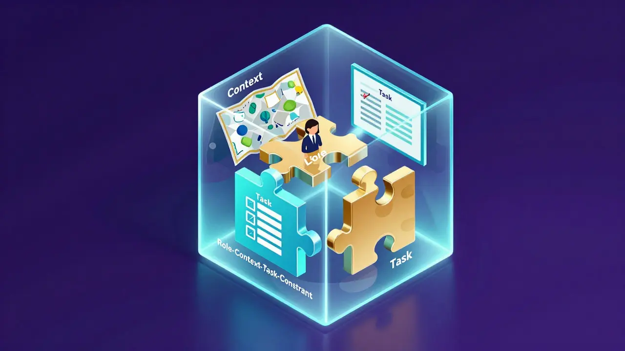 3D isometric illustration of a holographic puzzle representing an AI prompting framework.