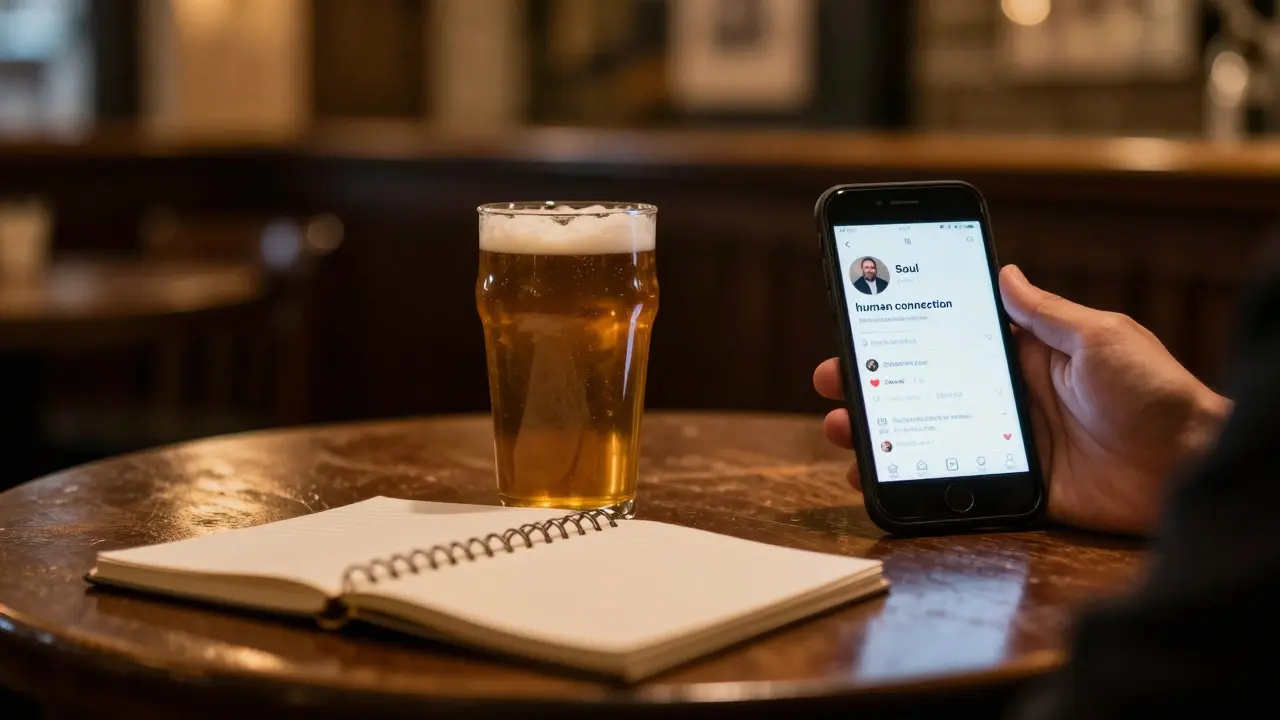A notebook and drink on a pub table with a social media feed visible on a phone.