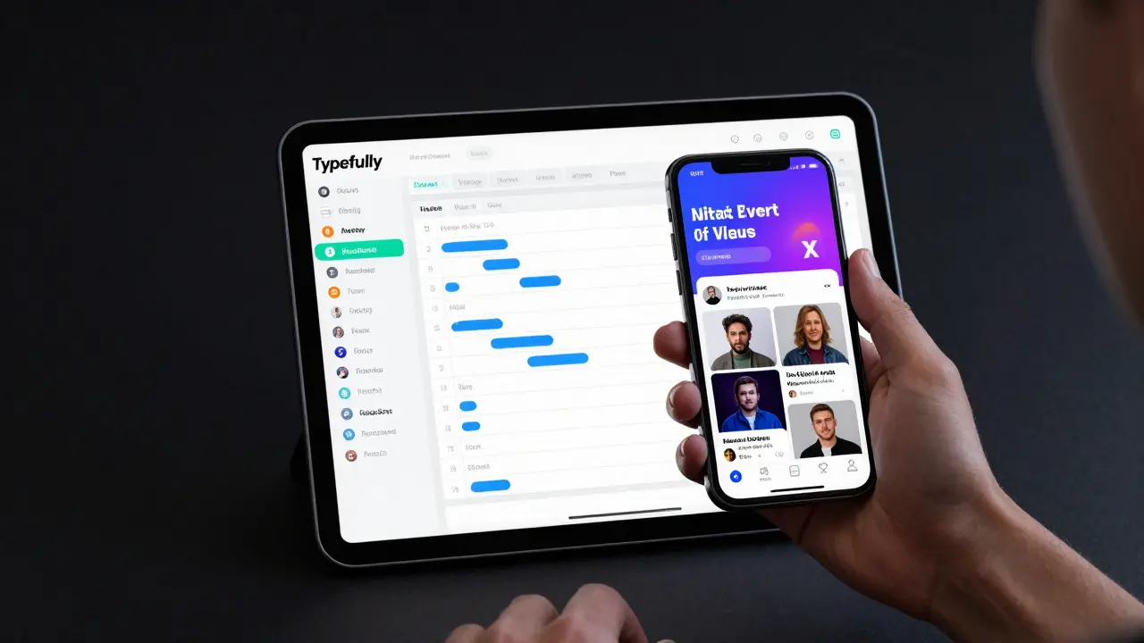 A person managing a scheduled content queue on a tablet while engaging on a smartphone.