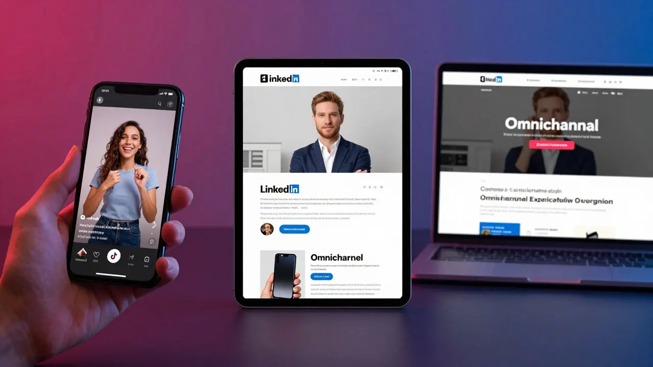 A split-screen showing a brand's consistent presence across TikTok, LinkedIn, and a landing page.