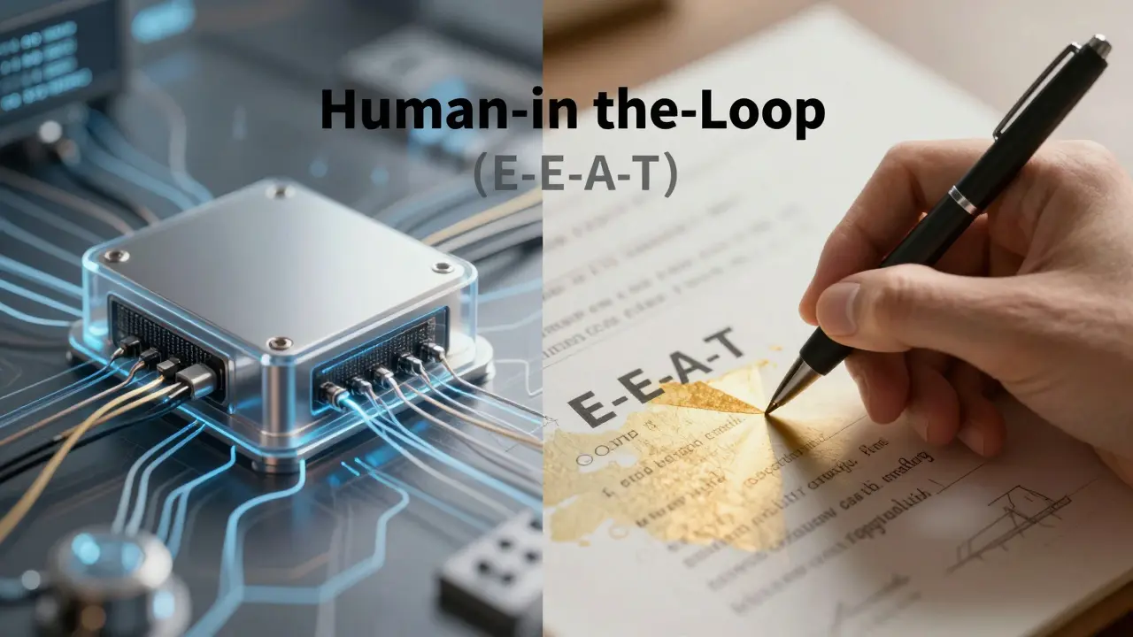 Conceptual art showing AI data generation being refined by a human hand.