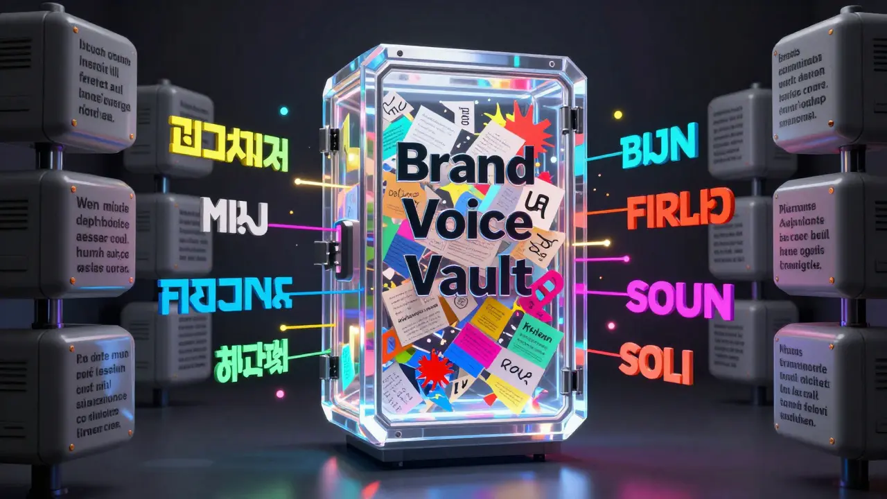 Conceptual digital vault transforming generic AI text into vibrant, branded human communication.