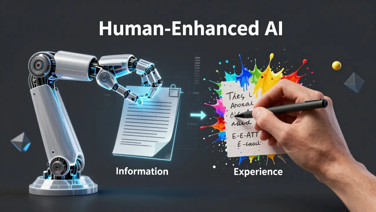 Conceptual image of a human adding personal experience to an AI-generated content structure.