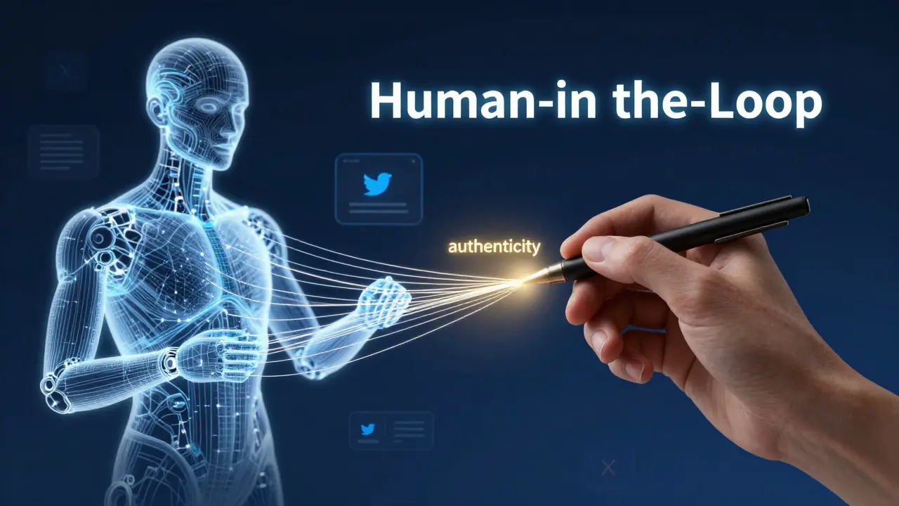 Digital illustration of a human refining AI-generated content to add authenticity.