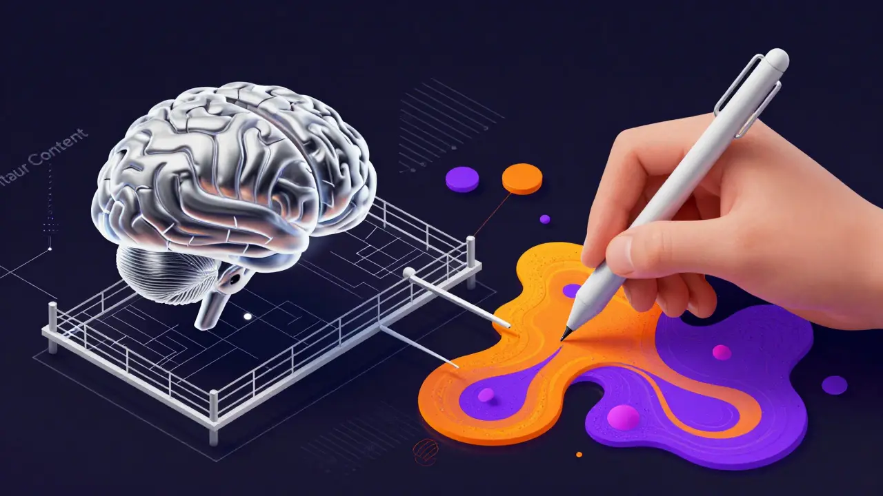 Isometric 3D art showing a human and AI collaborating to create digital content.