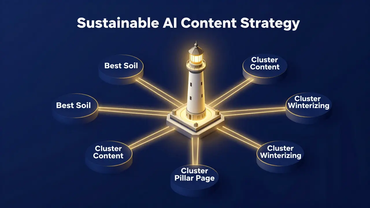 Isometric view of a pillar page and cluster content strategy with interconnecting golden links.