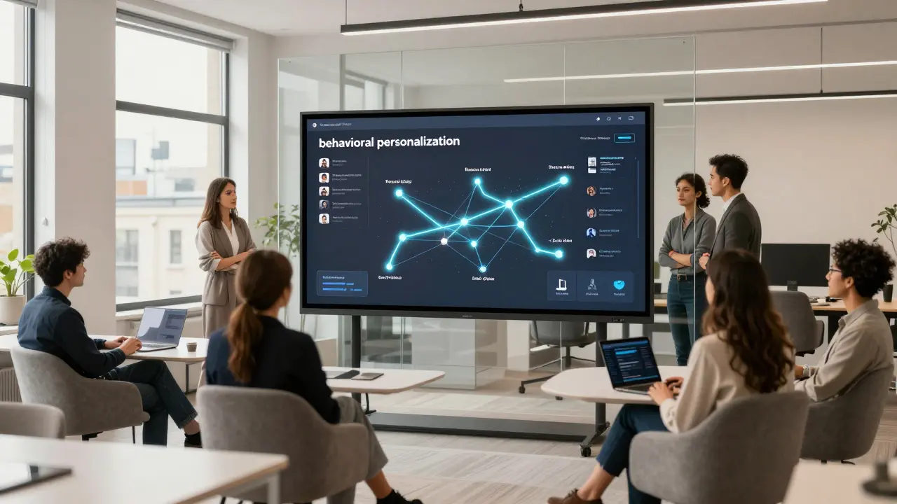 Marketers collaborating around a digital screen showing a personalized customer journey map.