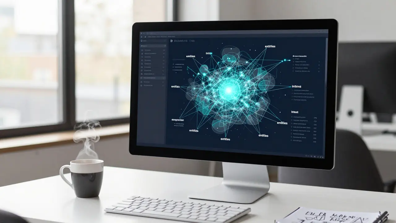 Professional workspace with a monitor displaying a semantic keyword intent map.