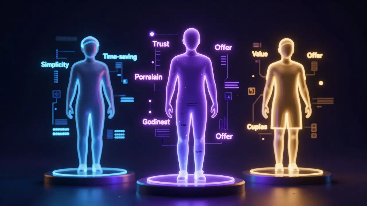 Three holographic buyer personas surrounded by glowing psychological data points.