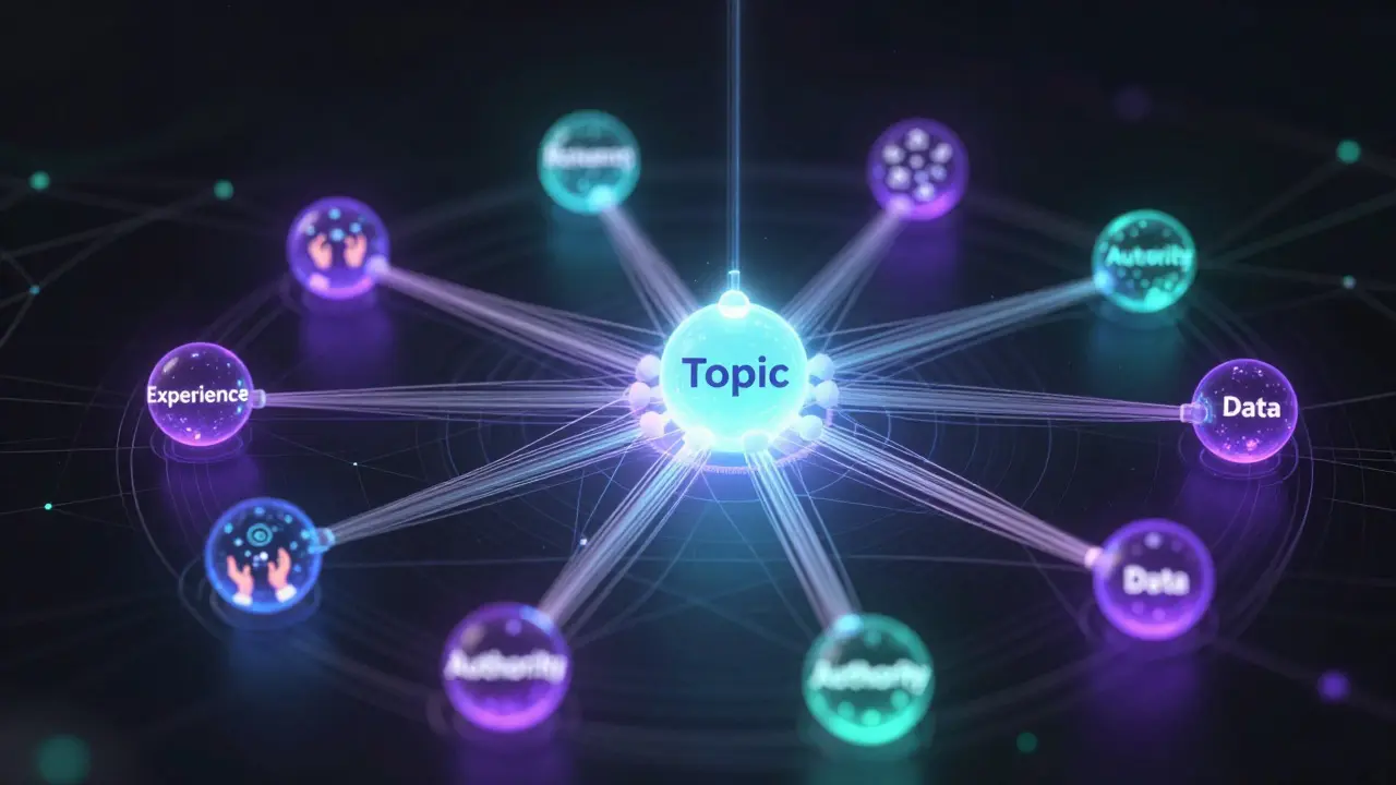 Abstract network diagram showing connected semantic entities and knowledge graphs