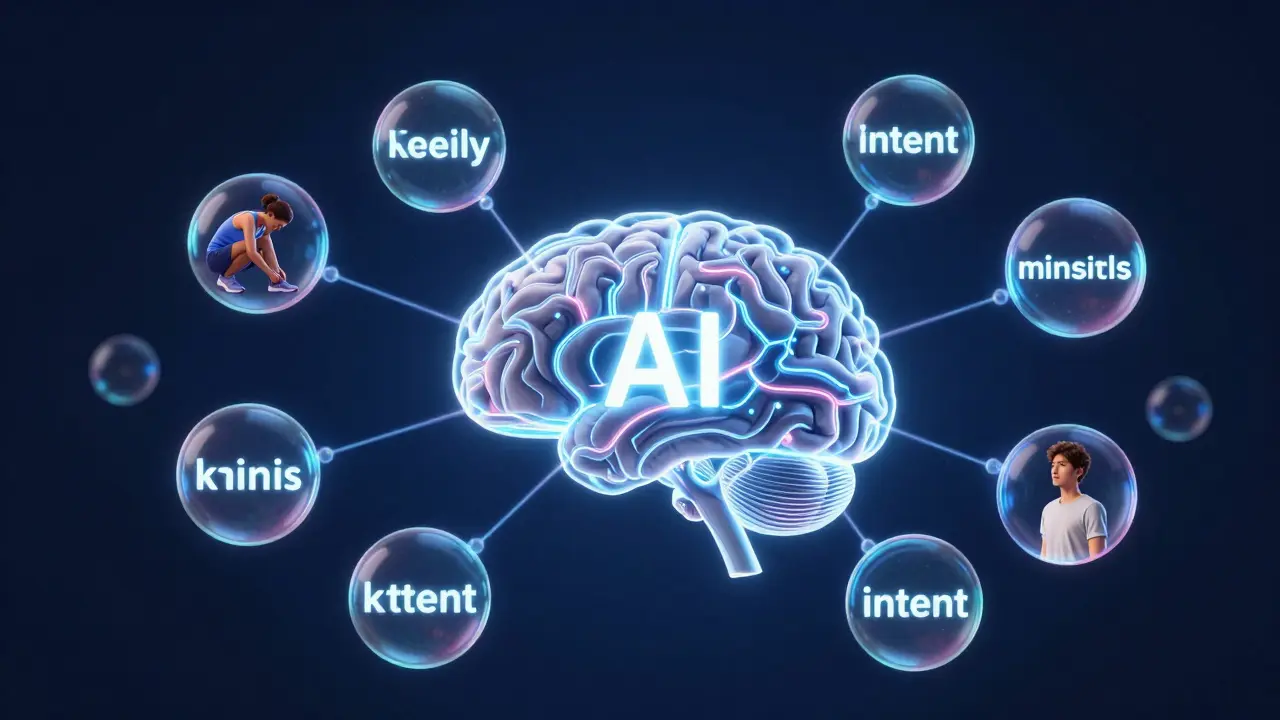Abstract visualization of AI mapping user intent over keywords
