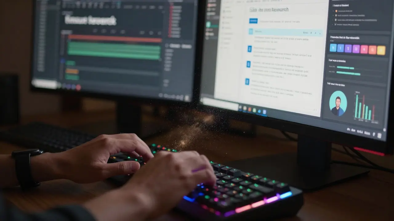 Close up of hands typing with SEO and analytics tools visible on monitors