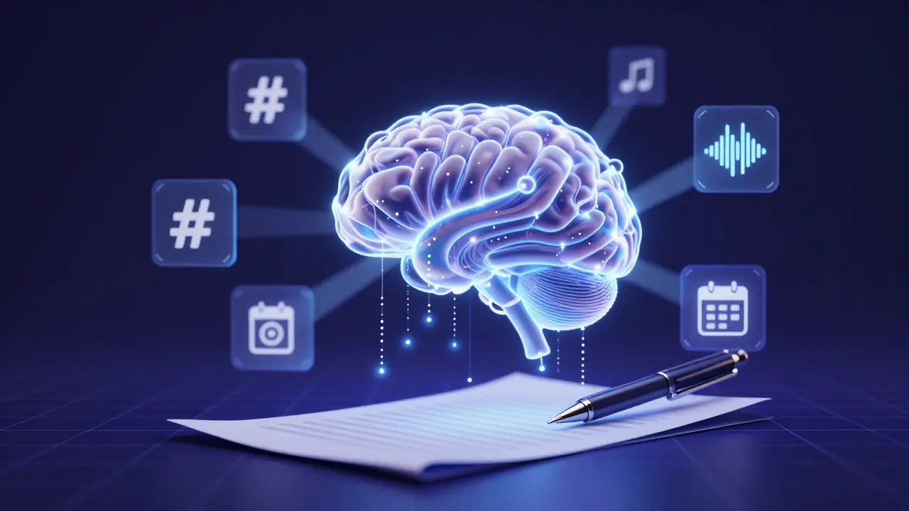 Digital brain connecting trend icons to a script page in 3D illustration