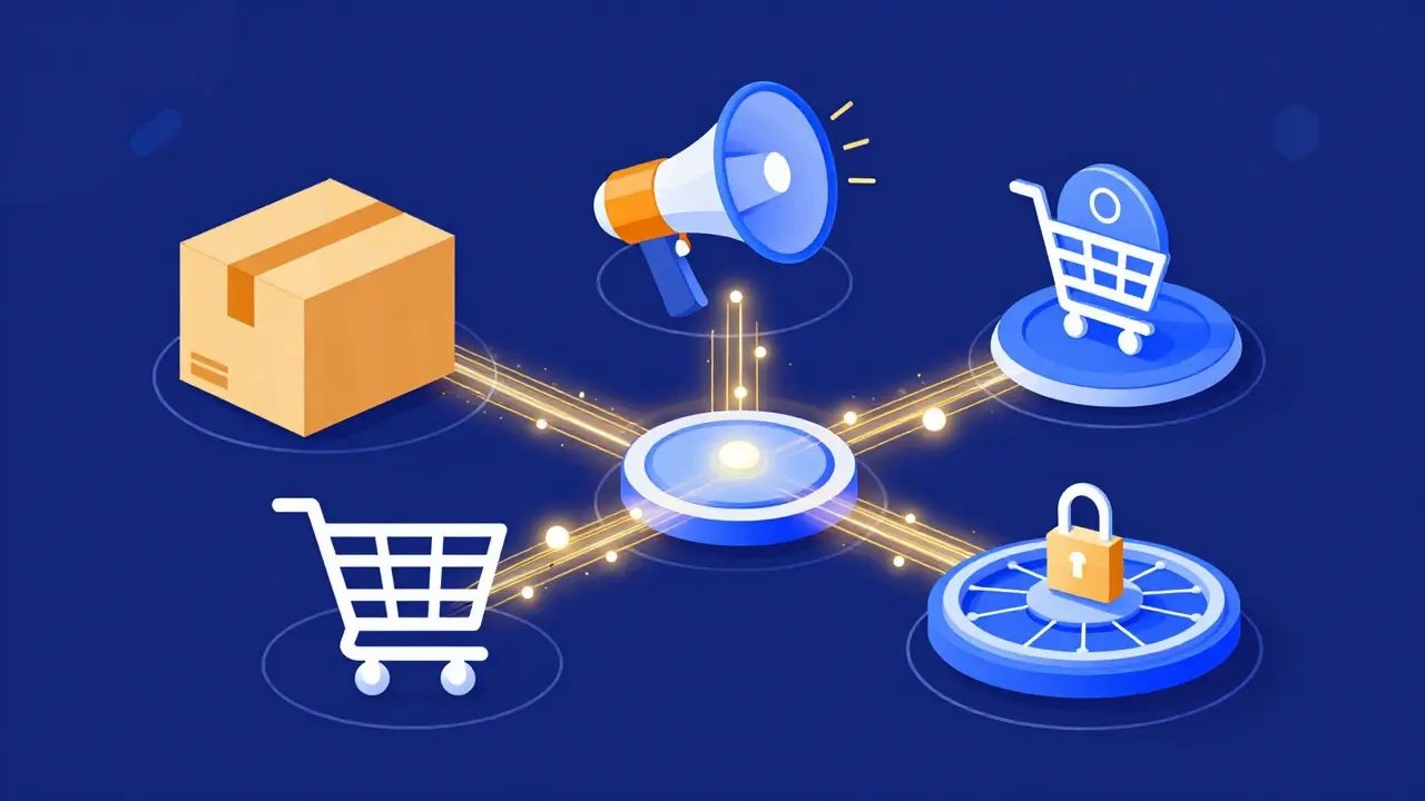 Digital illustration showing the four players in affiliate marketing ecosystem