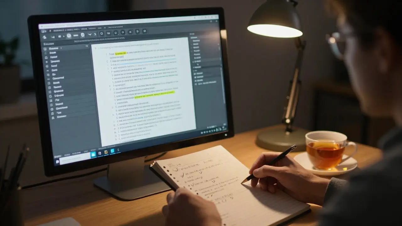 Editor manually refining AI-drafted content on a laptop at a desk