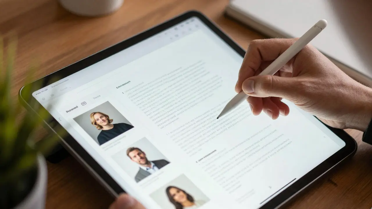 Hand editing content outline on a tablet for SEO strategy