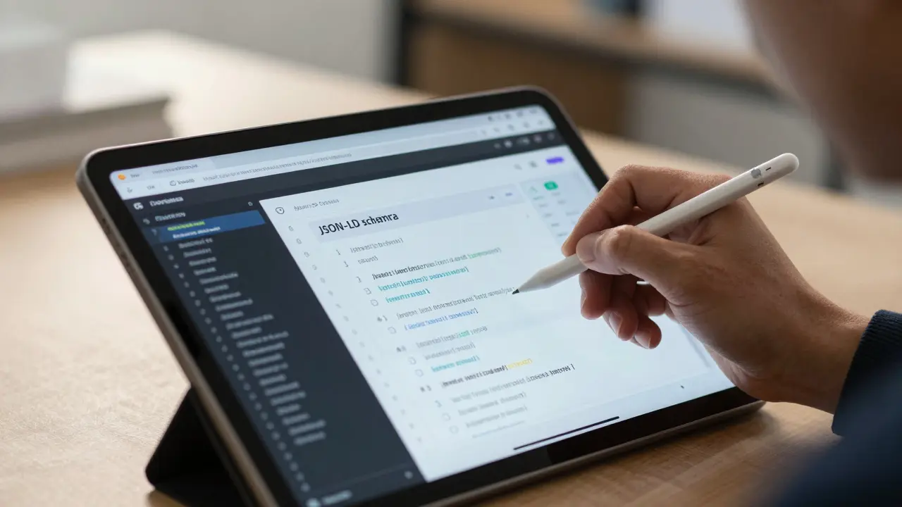 Hand using stylus on tablet displaying schema markup and AI search snippets