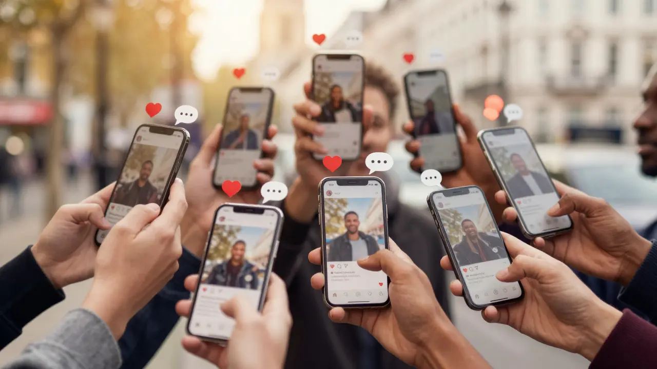 Hands holding phones with floating AR engagement icons showing community