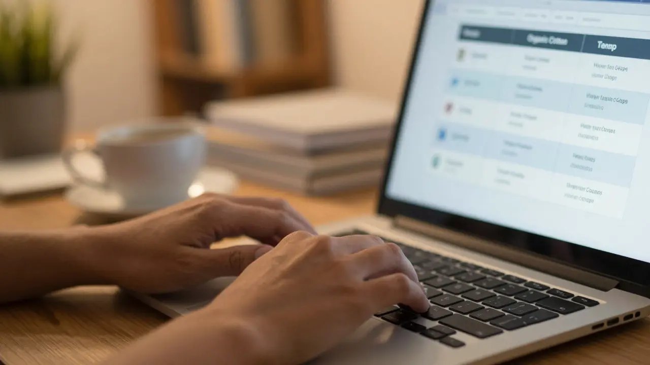 Marketer typing at desk with blurred comparison table on laptop screen.