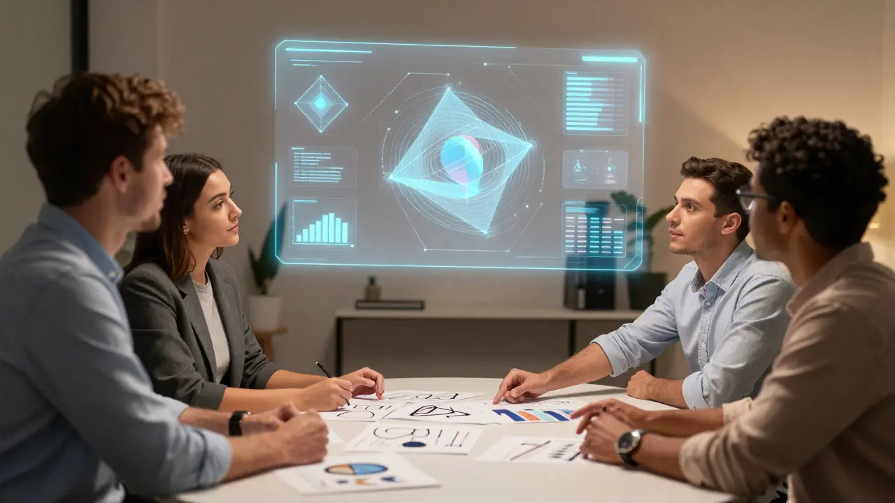 Marketing team collaborating with holographic AI data interface
