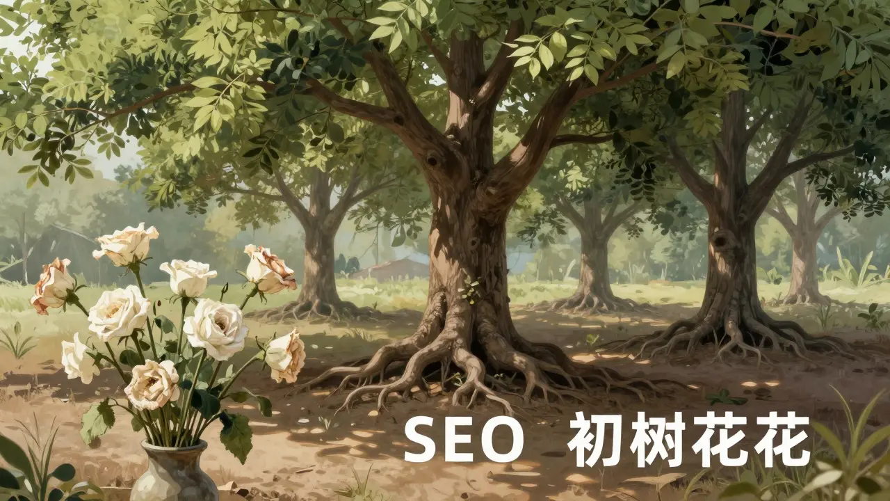Metaphorical image of sturdy trees vs wilting flowers for SEO vs social media